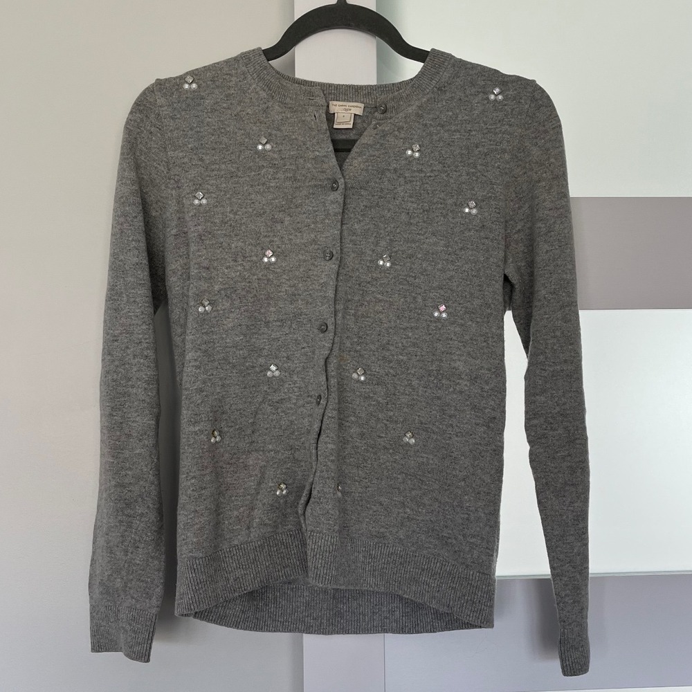 J.Crew Caryn Cardigan Gray Embellished Rhinestone Wool Blend Sweater F7811 Small